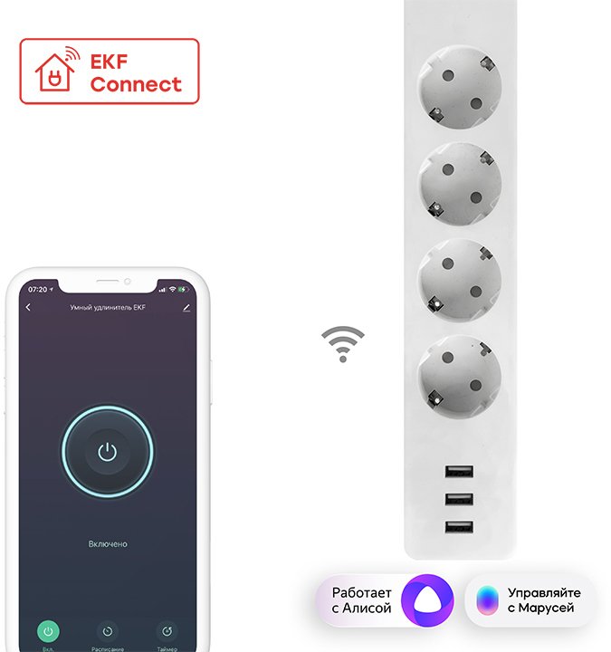 

Умный удлинитель EKF Connect Wi-Fi c USB RCE-1-WF