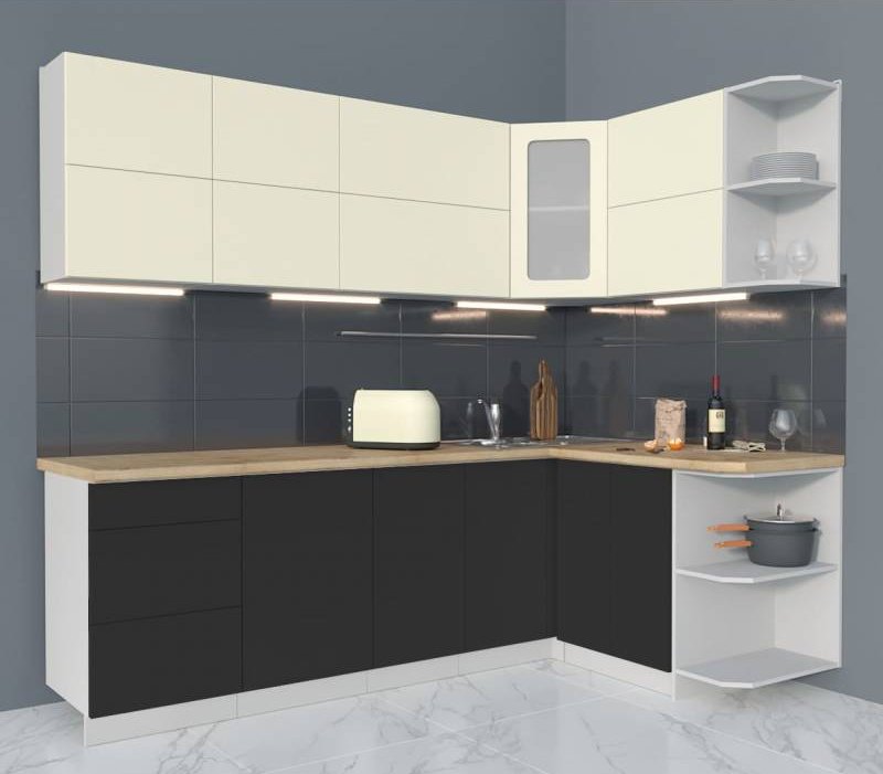 

Готовая кухня Интерлиния Мила Матте 1.5x2.4 А правая (слон кость-пепел-травертин серый)