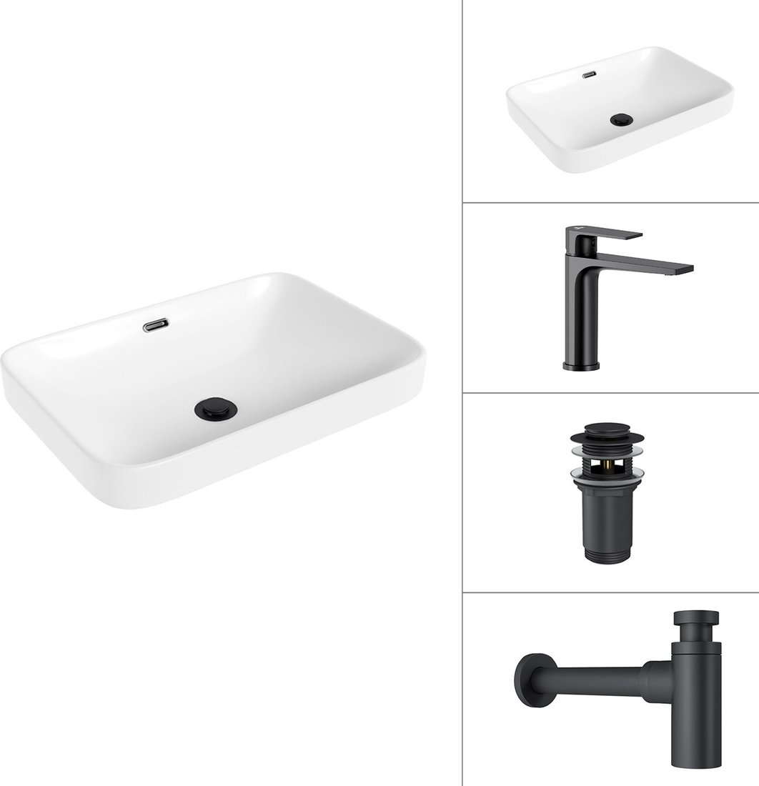 Умывальник Lauter 21441A + Reef 21CK678BS + сифон 21635B + донный клапан 21190B (черный матовый)