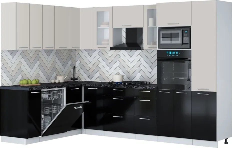 

Готовая кухня Интерлиния Мила Gloss 1.896х2.98 (черный глянец/кашемир/кастилло темный)