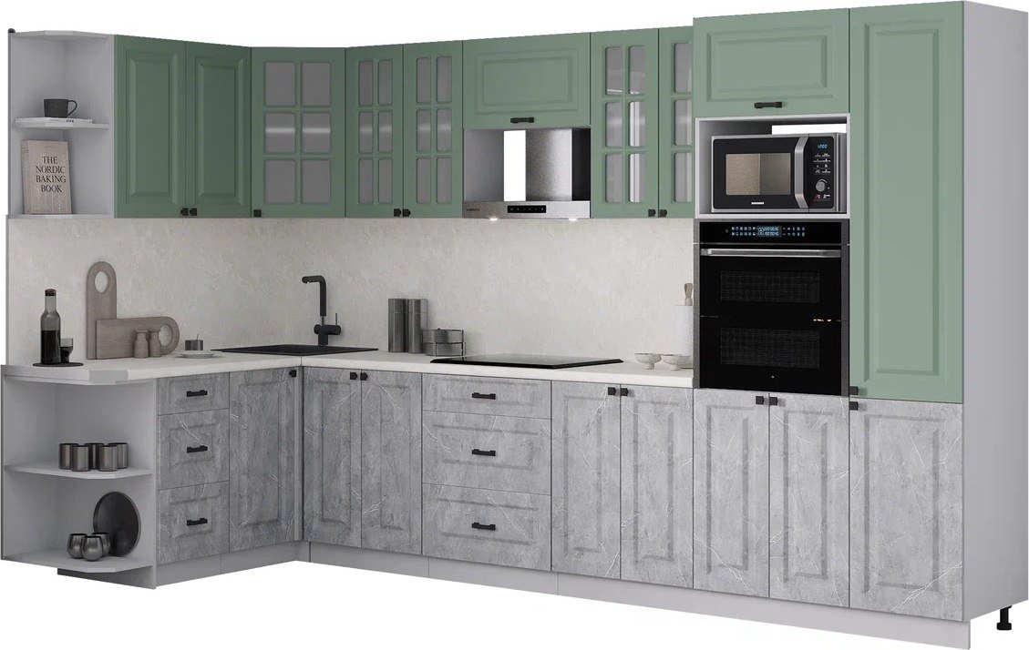 

Готовая кухня Интерлиния Мила Деко 1.68x3.4 LV (керамика/мята/опал светлый)