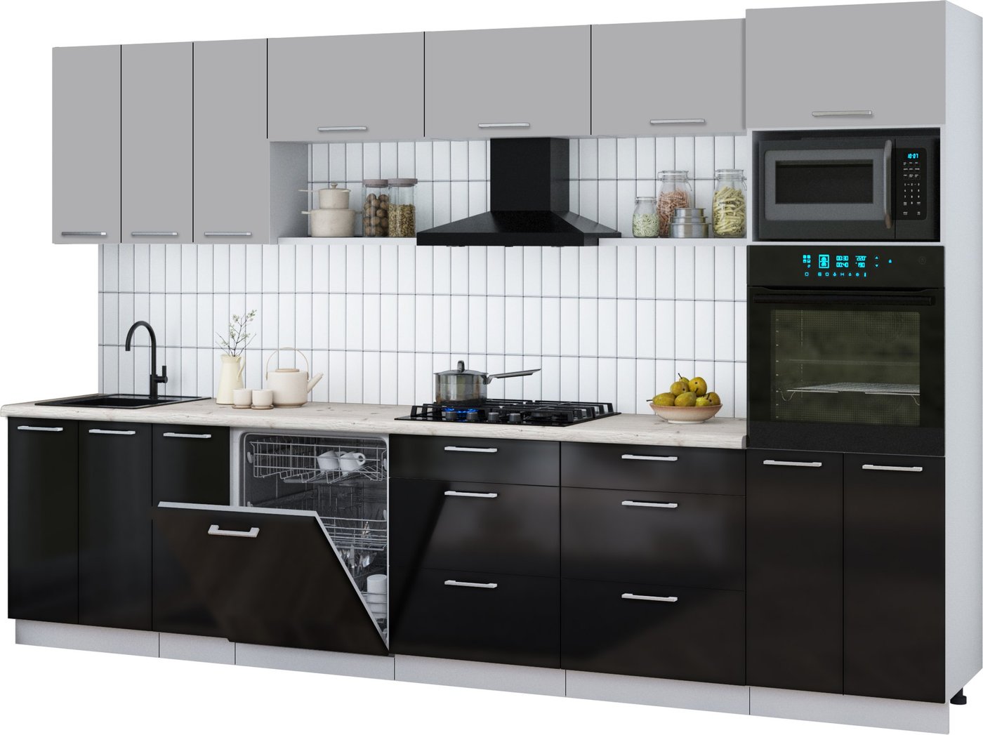 

Готовая кухня Интерлиния Мила Gloss 3.3-ПМ1-2 (черный глянец/грей/бискайская сосна)