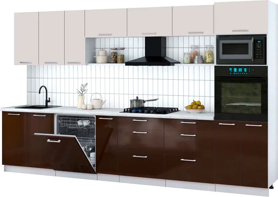 

Готовая кухня Интерлиния Мила Gloss 3.5-ПМ1-2 (шоколад глянец/кашемир/серый каспий)