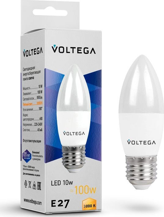 

Светодиодная лампочка Voltega Simple Candle 10W 3000K E27