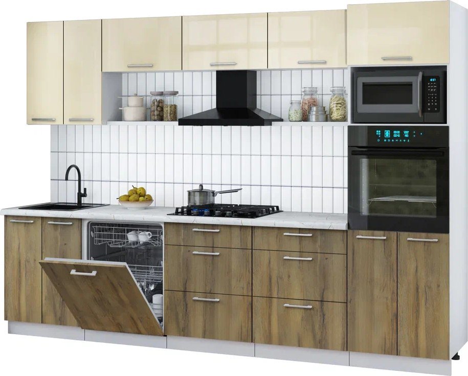 

Готовая кухня Интерлиния Мила Gloss 3.0-ПМ1 (дуб вотан/ваниль глянец/серый каспий)