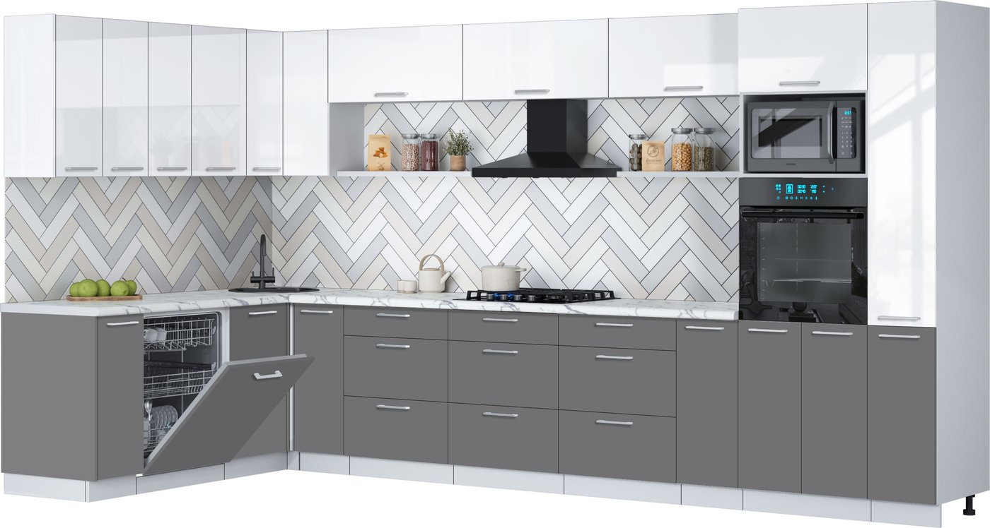 

Готовая кухня Интерлиния Мила Gloss 1.896х3.88 (серый/белый глянец/белый гранит)