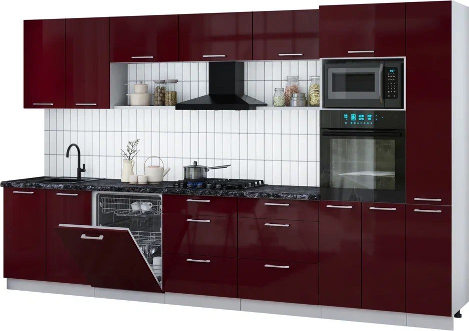 

Готовая кухня Интерлиния Мила Gloss 3.5-ПМ1 (бордовый глянец/бордовый глянец/кастилло темный)