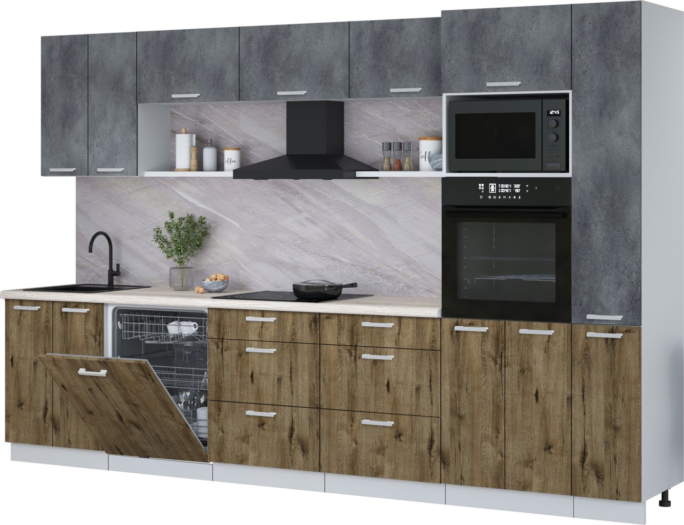 

Готовая кухня Интерлиния Мила Лайт 3.3-ПМ1 (бетон портленд/дуб веллингтон/травертин серый)