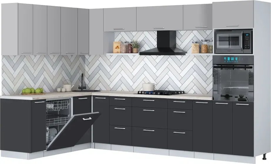 

Готовая кухня Интерлиния Мила Gloss 1.896х3.18 (пепел/грей/травертин серый)