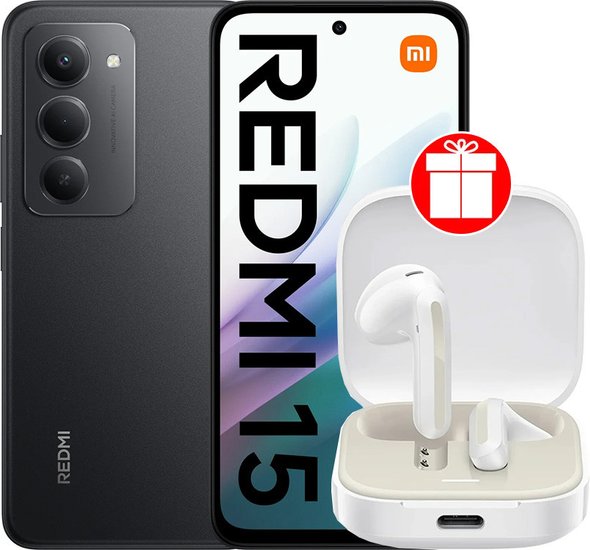Xiaomi Redmi 15 4G 6GB/128GB wersja międzynarodowa (czarny) + słuchawki Xiaomi Redmi Buds 6 Active M2344E1 (biały) w promocji