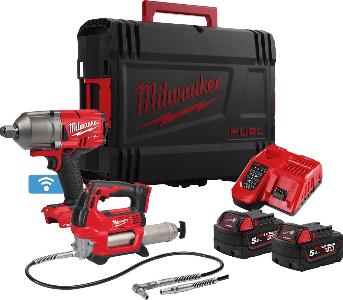 

Milwaukee M18 FUEL M18ONEPP2Q-502XEU 4933492519 (гайковерт, смазочный пистолет, 2 АКБ, сумка)