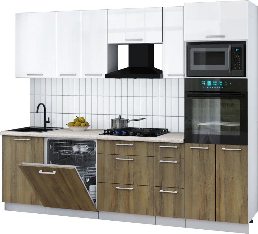 

Готовая кухня Интерлиния Мила Gloss 2.6-ПМ1 (дуб вотан/белый глянец/травертин серый)