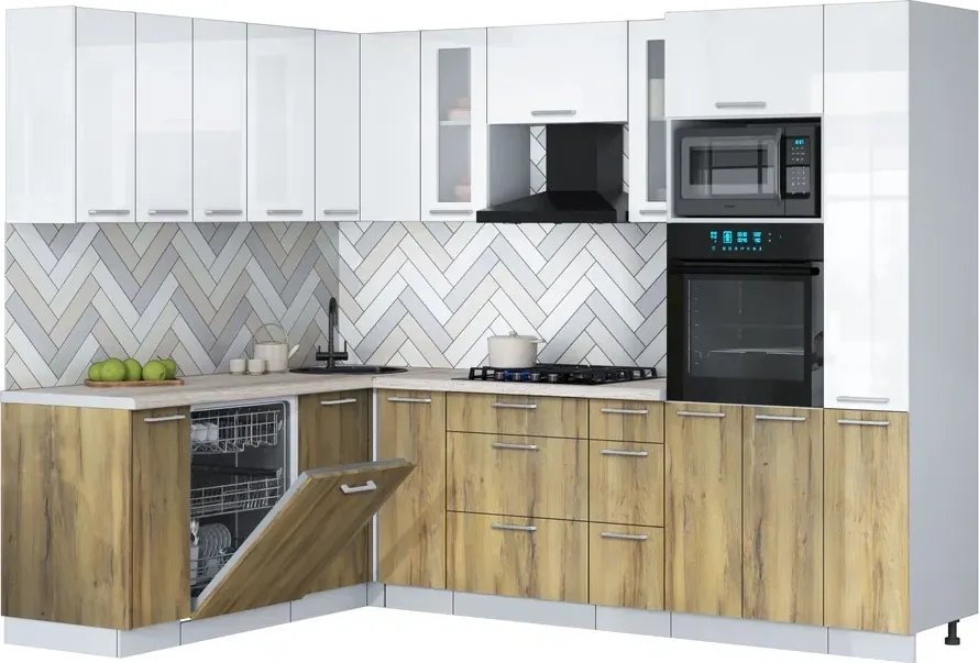 

Готовая кухня Интерлиния Мила Gloss 1.896х2.68 (дуб вотан/белый глянец/травертин серый)