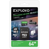 Карта памяти Exployd Vision microSDXC 64GB EX64GCSDXC10-U3-V30 (с адаптером)