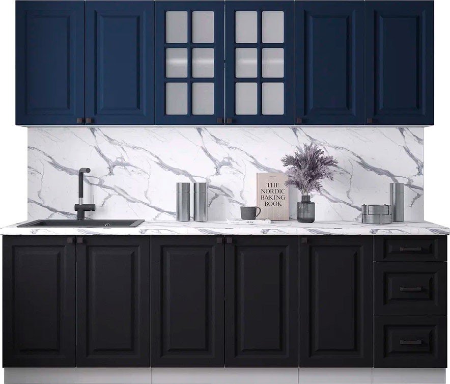 

Готовая кухня Интерлиния Мила Деко 2.4А (черный/индиго/белый гранит)