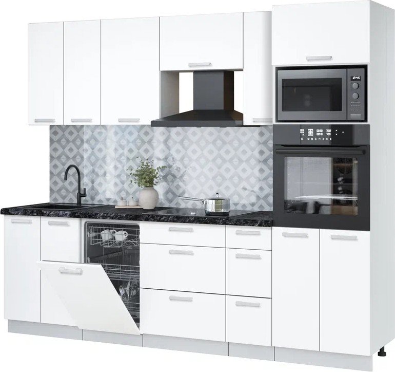 

Готовая кухня Интерлиния Мила Лайт 2.55-ПМ3 (белый платинум/белый платинум/кастилло темный)