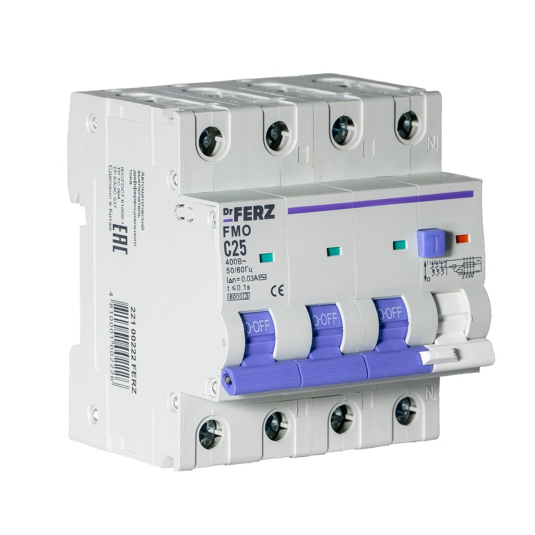 

Дифференциальный автомат Dr.Ferz FMO-EL-3P+N 25A 30mA 6kA AC C 4M 22100222FERZ