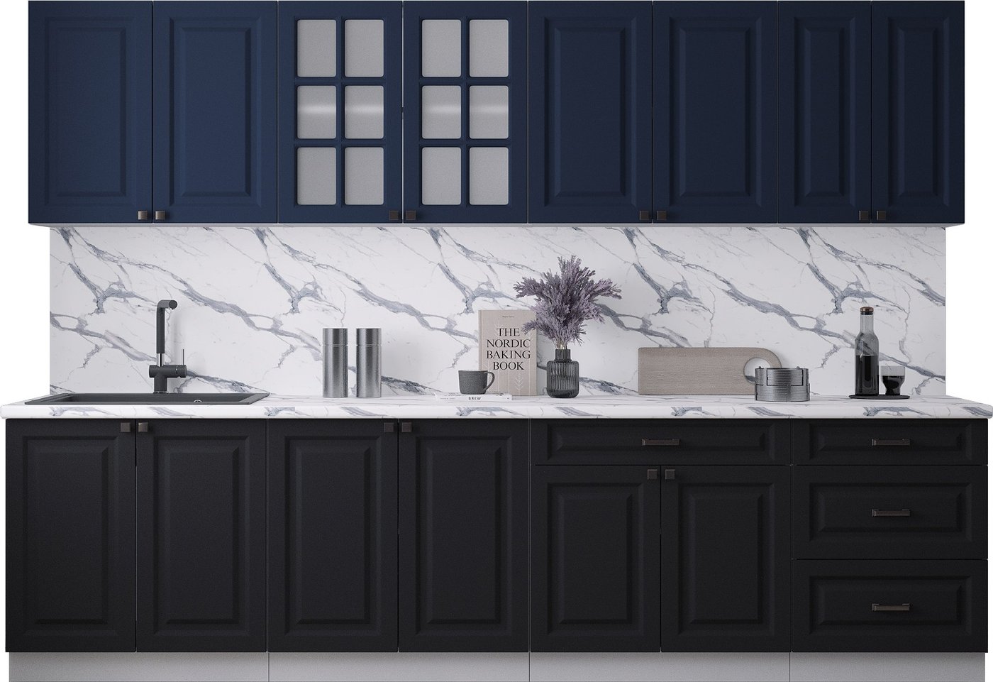 

Готовая кухня Интерлиния Мила Деко 3.0Б (черный/индиго/белый гранит)