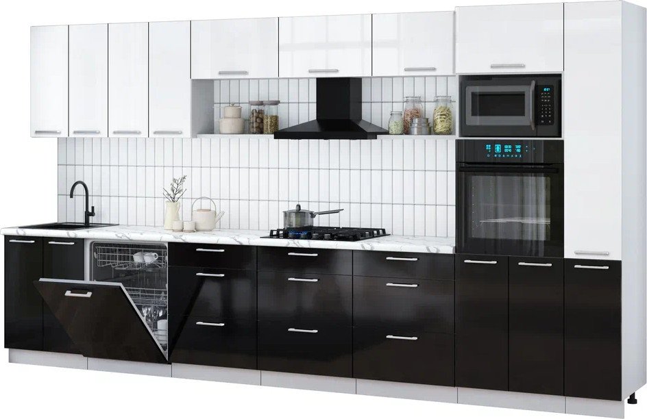 

Готовая кухня Интерлиния Мила Gloss 3.9-ПМ1 (черный глянец/белый глянец/белый гранит)