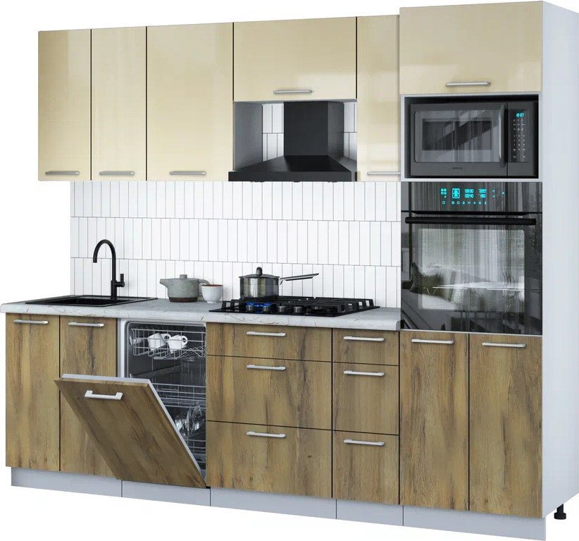 

Готовая кухня Интерлиния Мила Gloss 2.55-ПМ3 (дуб вотан/ваниль глянец/серый каспий)