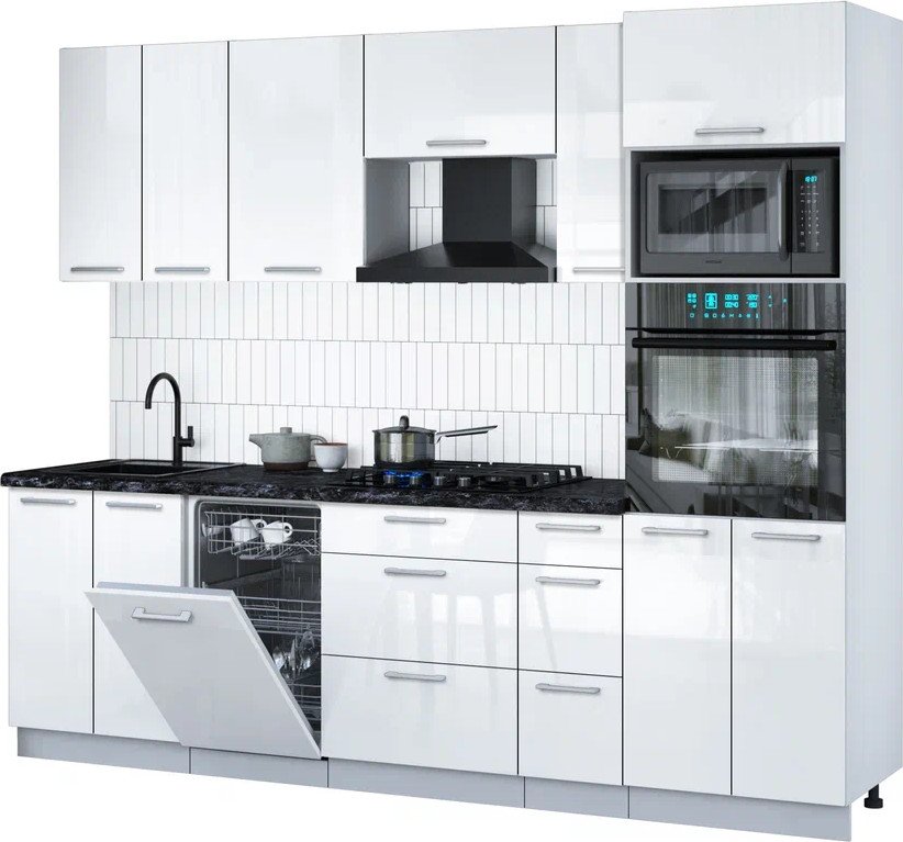 

Готовая кухня Интерлиния Мила Gloss 2.55-ПМ3 (белый глянец/белый глянец/кастилло темный)