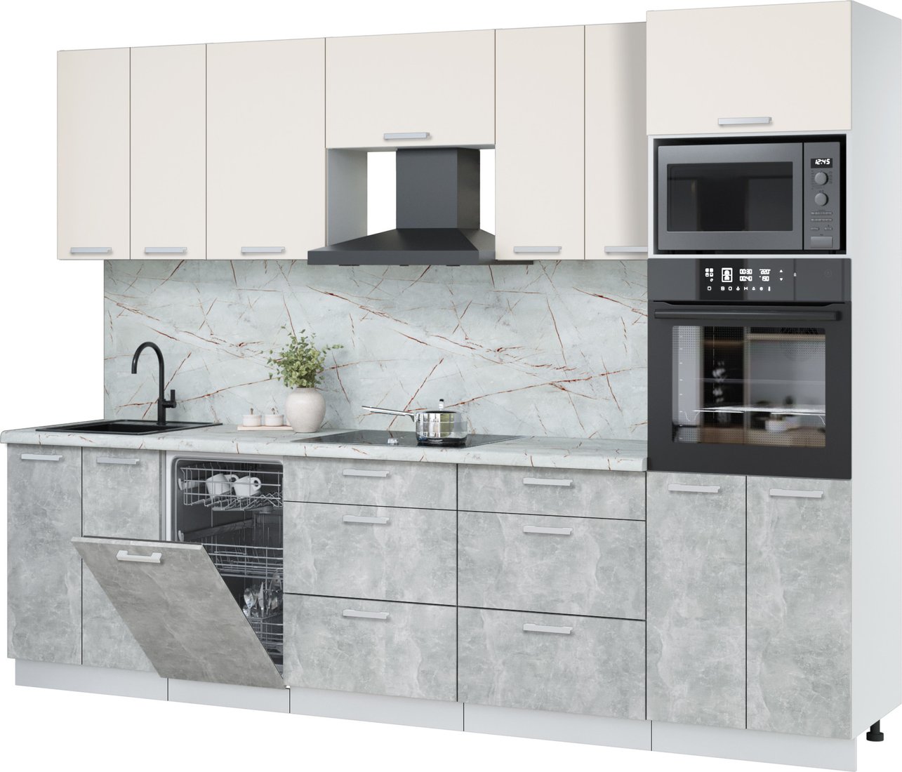 

Готовая кухня Интерлиния Мила Лайт 2.85-ПМ3 (персидский жемчуг/бетон/серый каспий)