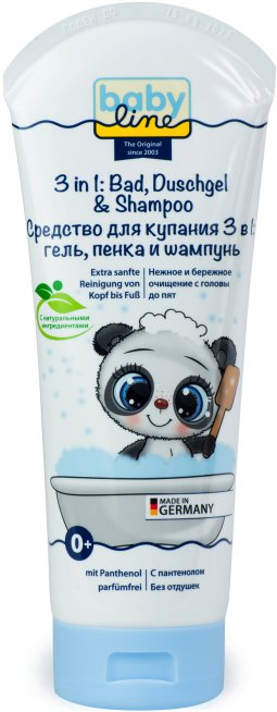 

Средство для купания Babyline 3 в 1: шампунь, гель, пенка, без отдушки и красителей, без слез, 200 мл 3001976