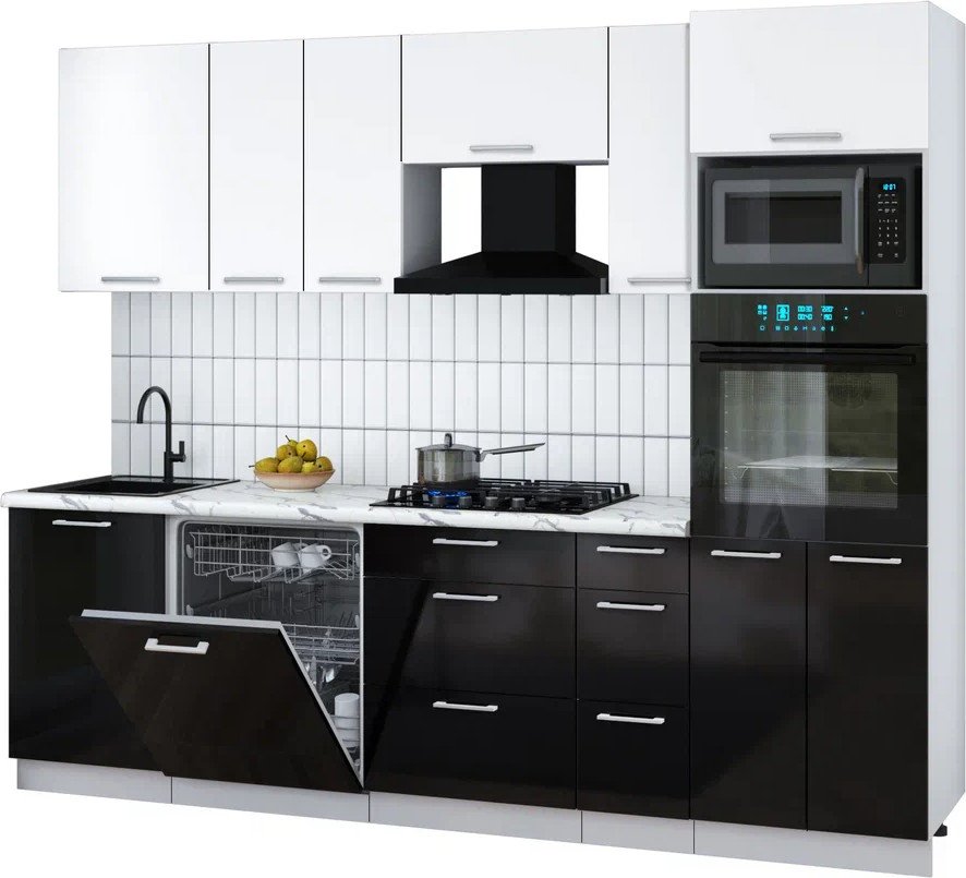 

Готовая кухня Интерлиния Мила Gloss 2.6-ПМ1 (черный глянец/белый/белый гранит)