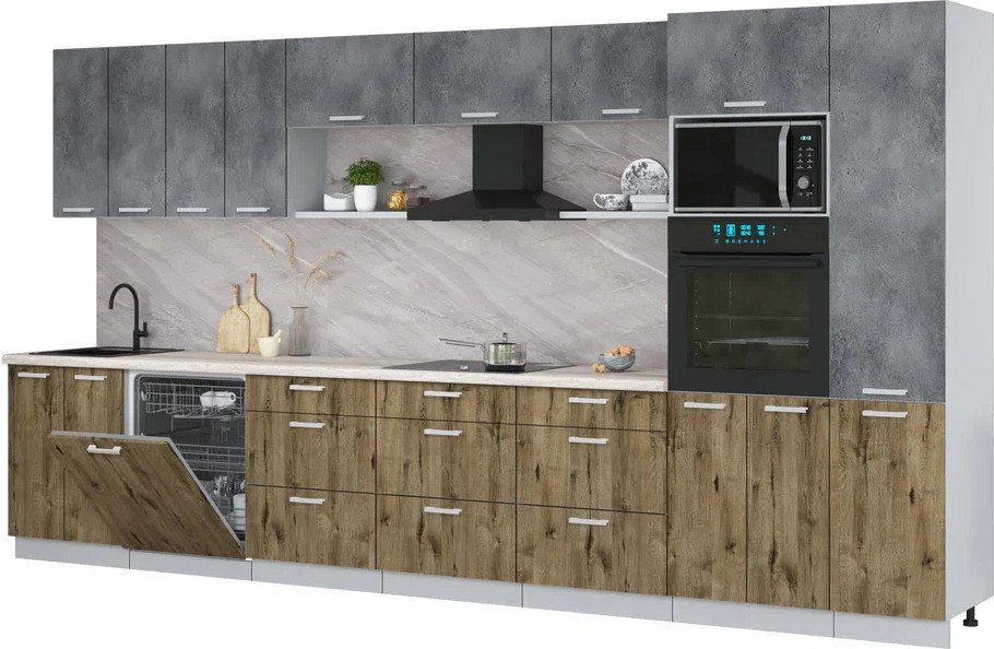 

Готовая кухня Интерлиния Мила Лайт 4.0-ПМ1 (бетон портленд/дуб веллингтон/травертин серый)