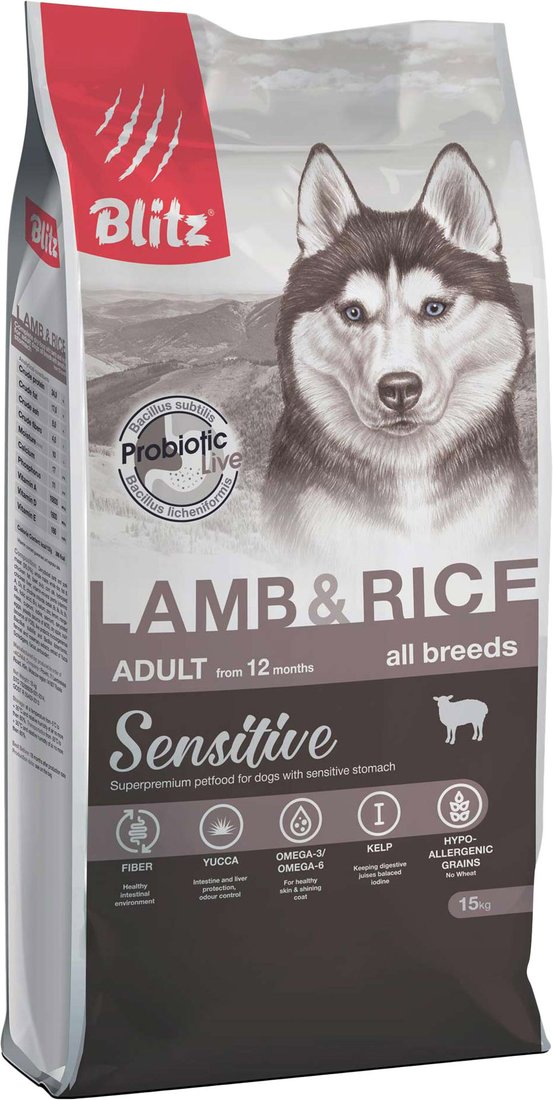 

Сухой корм для собак Blitz Sensitive Adult Lamb & Rice All Breeds (для всех пород с ягненком и рисом) 15 кг