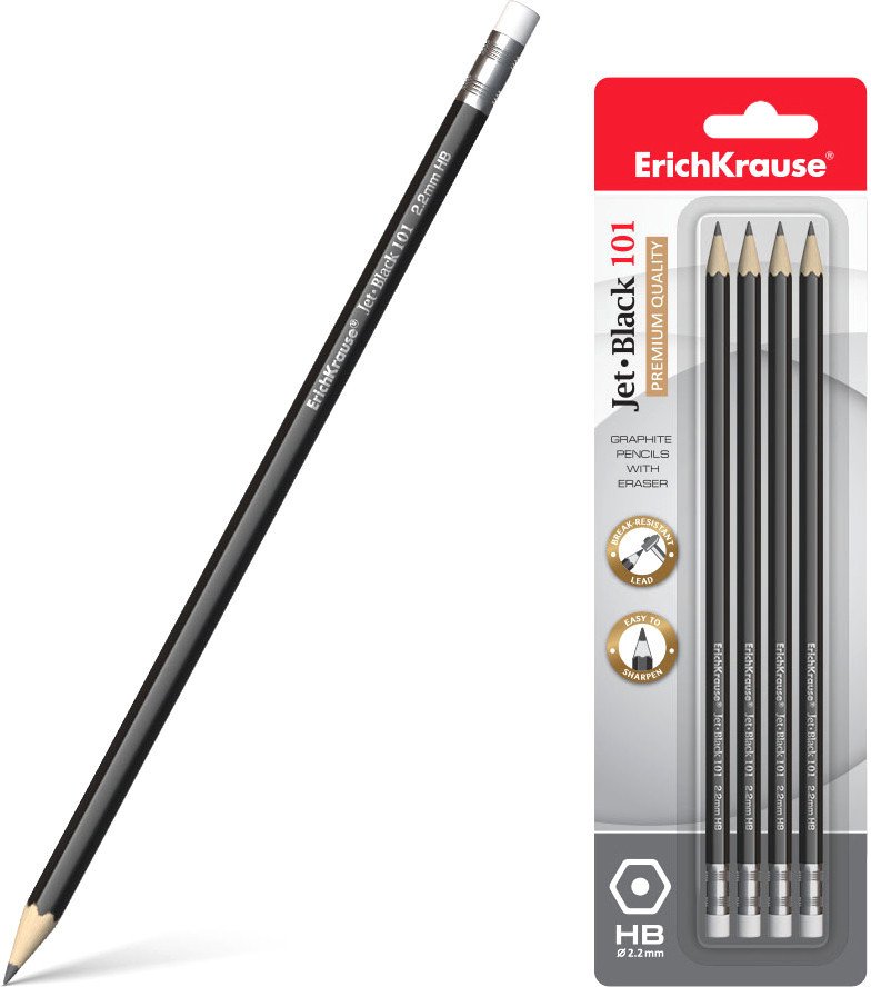 

Набор простых карандашей Erich Krause Jet Black 101 HB с ластиком 45607 (4 шт)