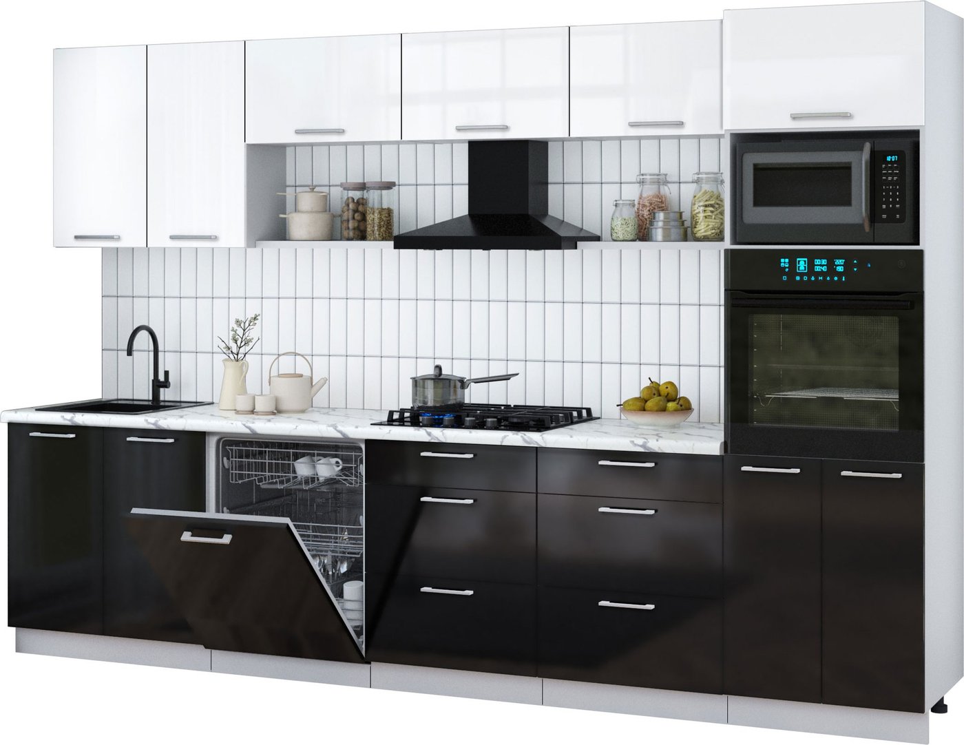 

Готовая кухня Интерлиния Мила Gloss 3.2-ПМ1 (черный глянец/белый глянец/белый гранит)