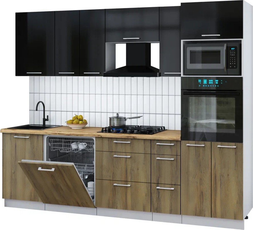 

Готовая кухня Интерлиния Мила Gloss 2.6-ПМ1 (дуб вотан/черный глянец/дуб бунратти)