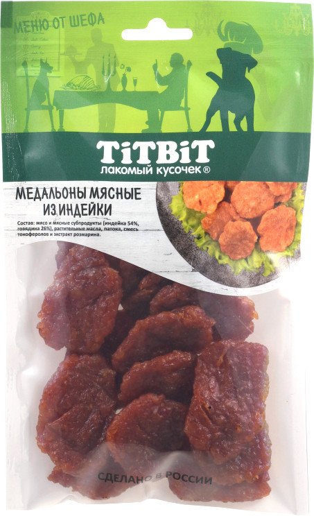 

Лакомство для собак TiTBiT Медальоны мясные из индейки Меню от Шефа 80 г