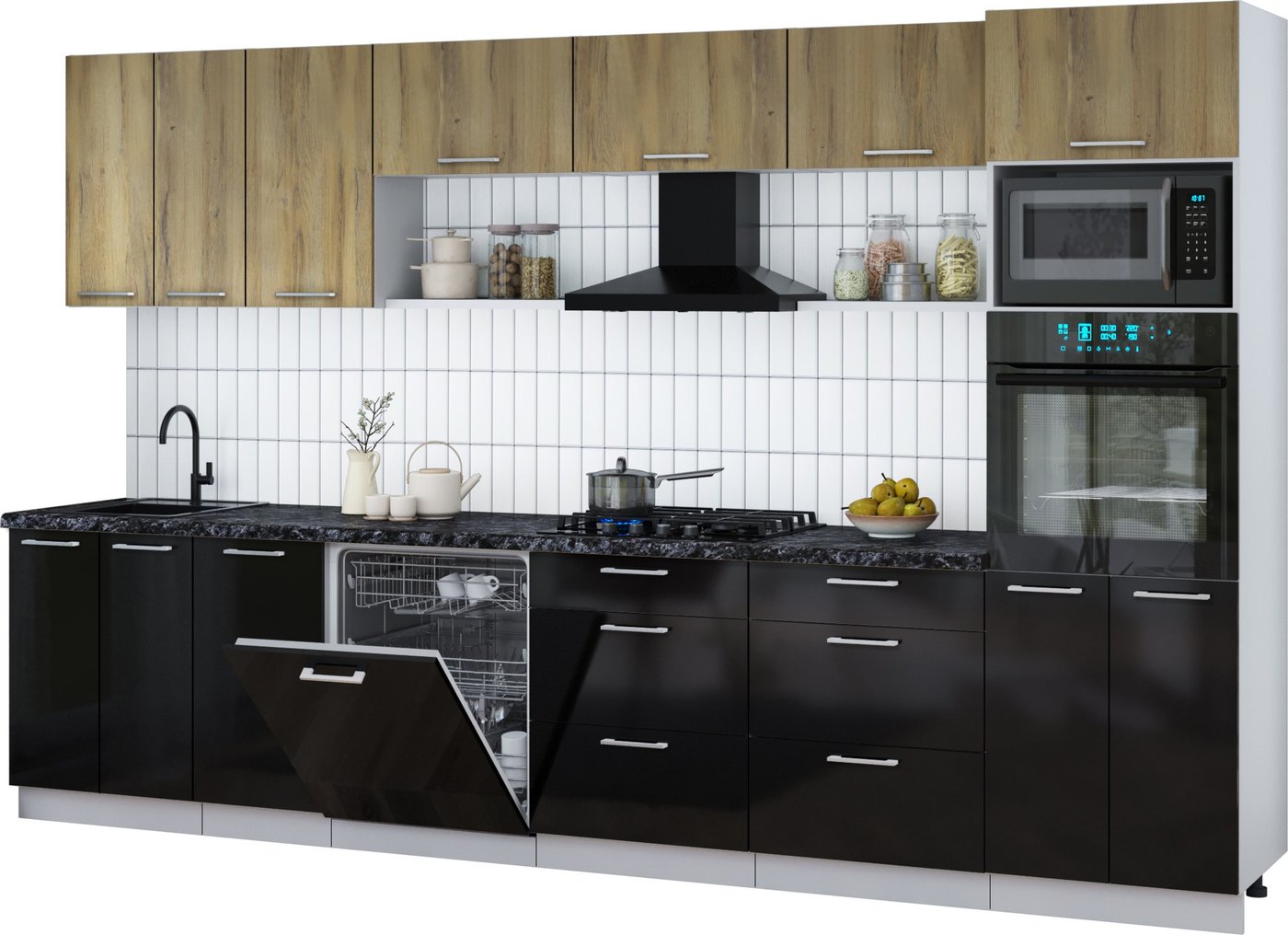 

Готовая кухня Интерлиния Мила Gloss 3.4-ПМ1-2 (черный глянец/дуб вотан/кастилло темный)