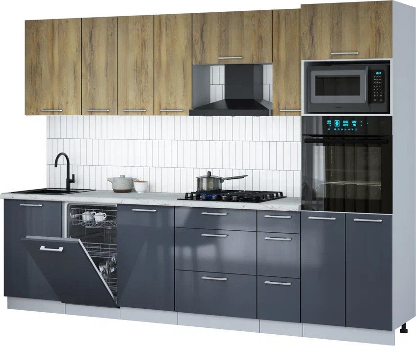 

Готовая кухня Интерлиния Мила Gloss 2.9-ПМ3 (асфальт глянец/дуб вотан/серый каспий)