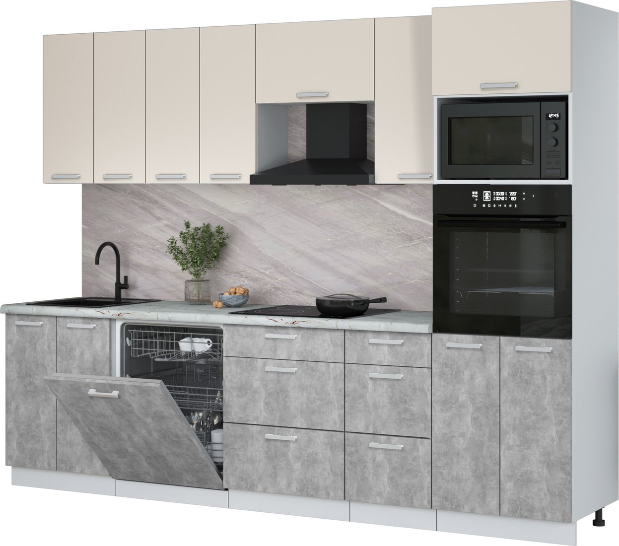 

Готовая кухня Интерлиния Мила Лайт 2.8-ПМ1 (персидский жемчуг/бетон/серый каспий)