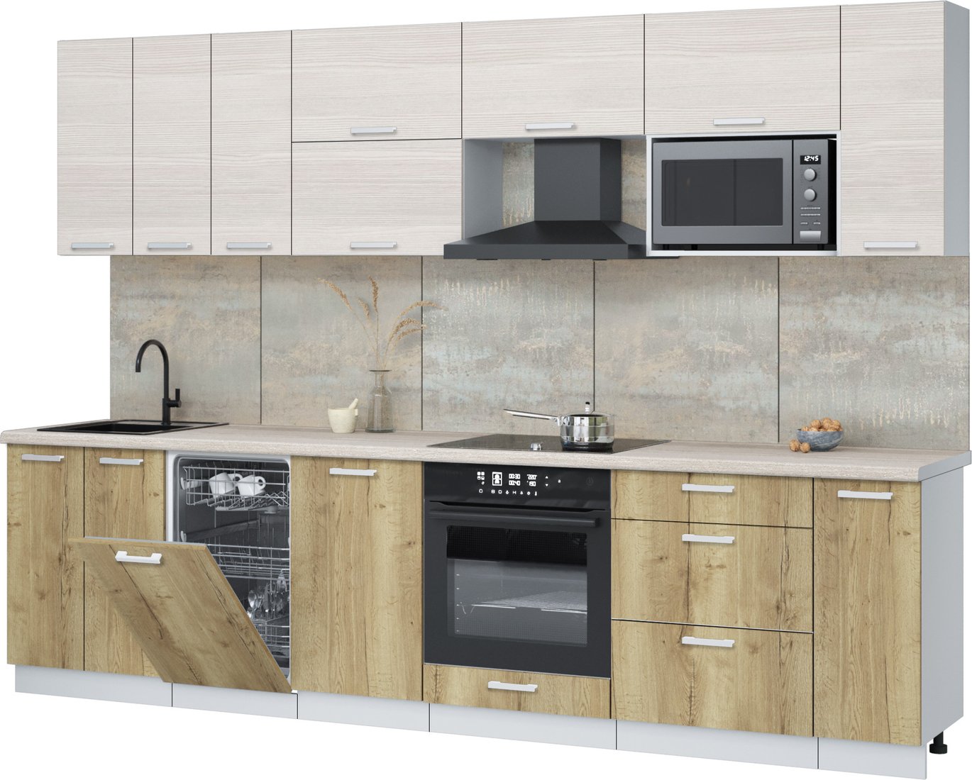 

Готовая кухня Интерлиния Мила Лайт 3.0-ПМ4 (вудлайн кремовый/дуб золотой/травертин серый)