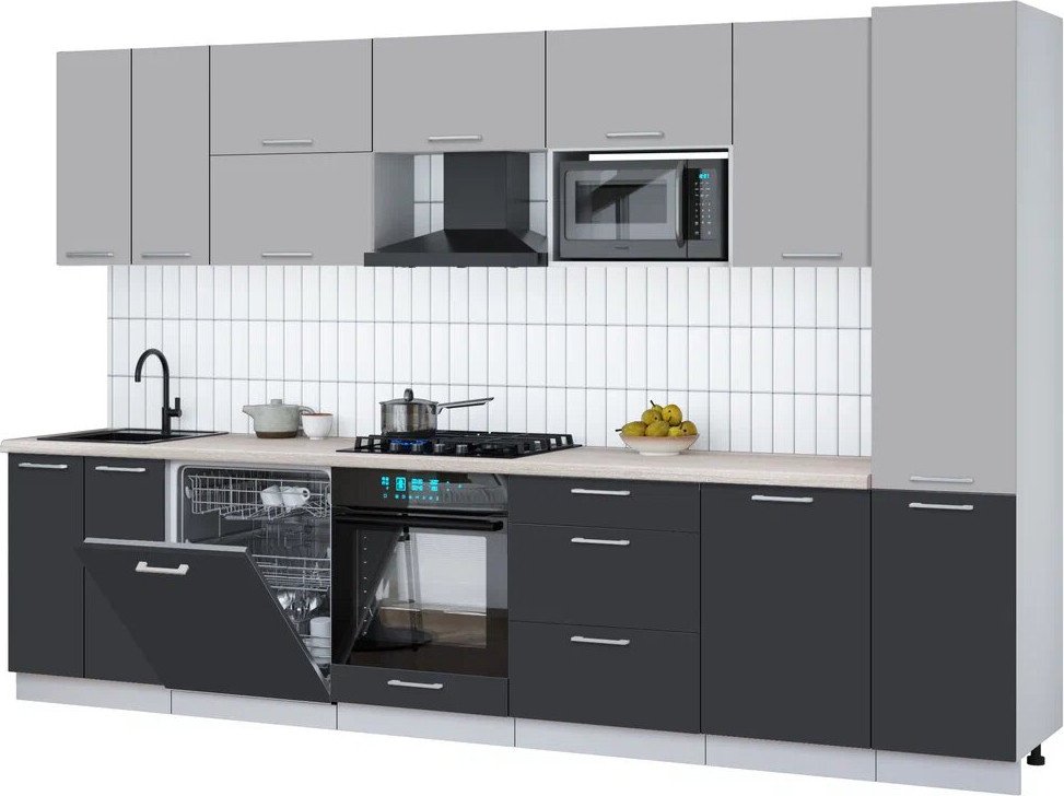 

Готовая кухня Интерлиния Мила Gloss 3.3-ПМ2 (пепел/грей/травертин серый)