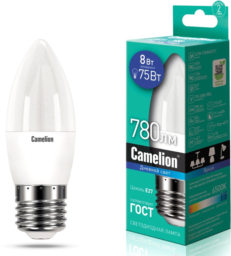 

Светодиодная лампочка Camelion LED8-C35/865/E27