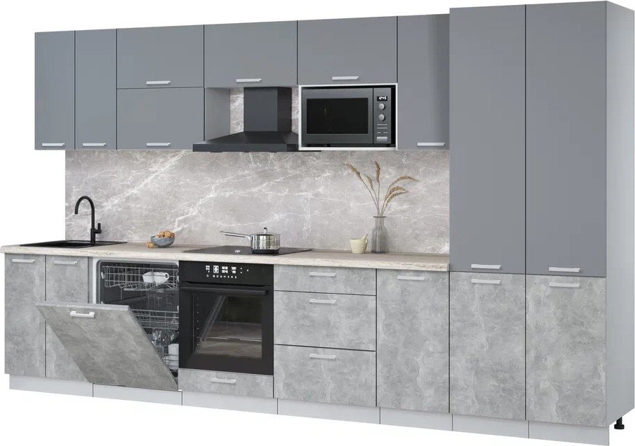 

Готовая кухня Интерлиния Мила Лайт 3.6-ПМ2 (серебро/бетон/травертин серый)