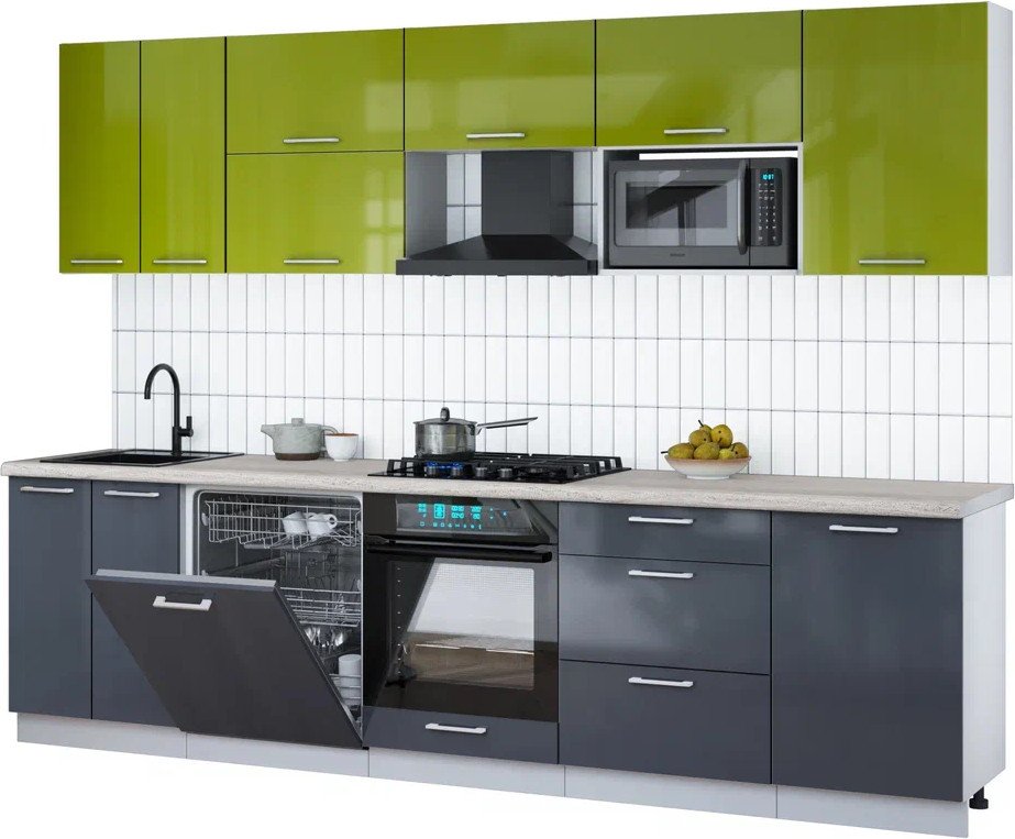 

Готовая кухня Интерлиния Мила Gloss 2.9-ПМ2 (асфальт глянец/яблоко глянец/травертин серый)