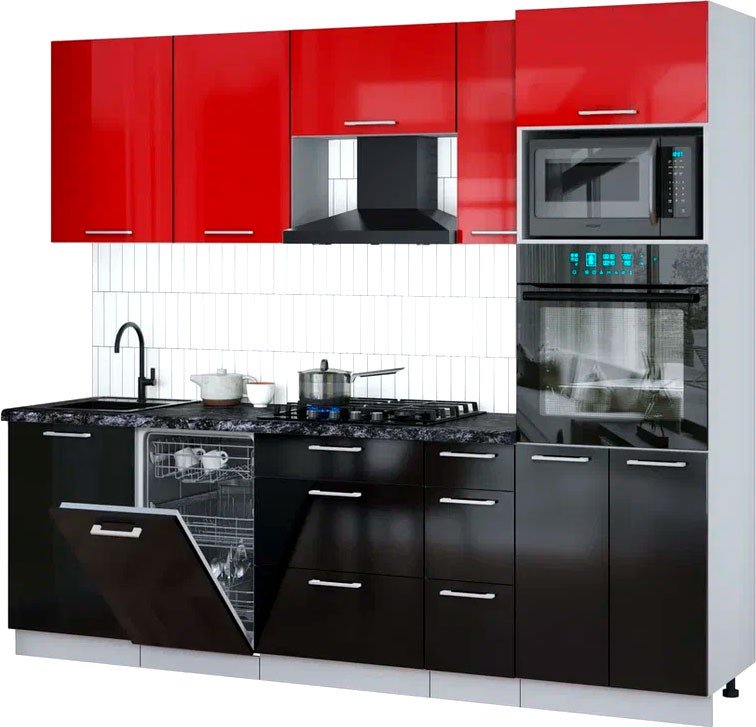 

Готовая кухня Интерлиния Мила Gloss 2.45-ПМ3 (черный глянец/красный глянец/кастилло темный)