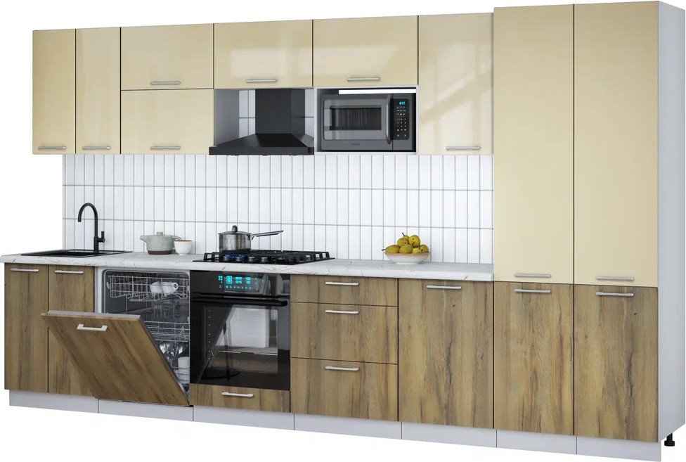 

Готовая кухня Интерлиния Мила Gloss 3.7-ПМ2 (дуб вотан/ваниль глянец/серый каспий)