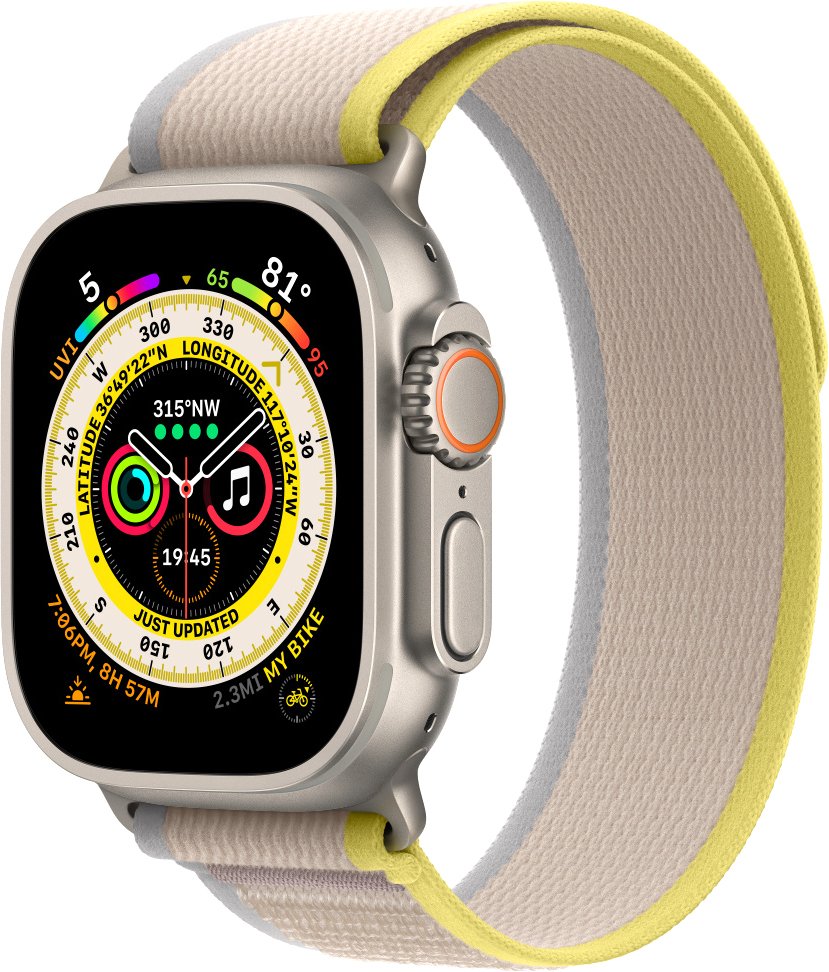 

Умные часы Apple Watch Ultra LTE 49 мм (титановый корпус, титановый/желто-бежевый, нейлоновый ремешок размера M/L)