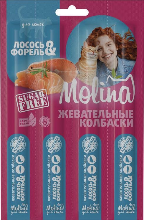 Лакомство для кошек Molina Жевательные колбаски для кошек из лосося и форели 20 г