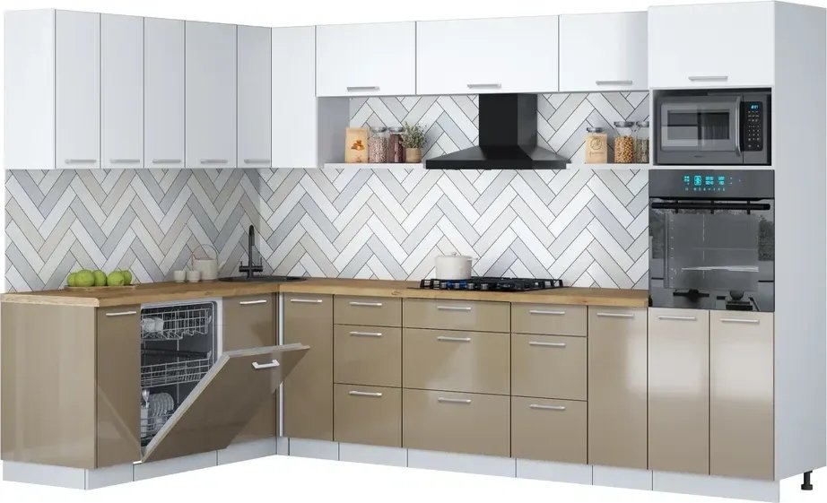 

Готовая кухня Интерлиния Мила Gloss 1.896х3.18 (капучино глянец/белый/дуб бунратти)