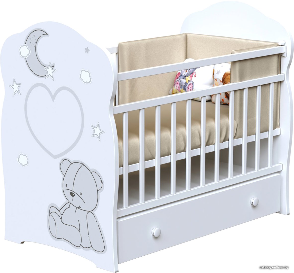 Классическая детская кроватка VDK Bear And Moon маятник и ящик (белый)