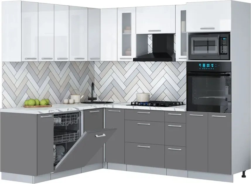 

Готовая кухня Интерлиния Мила Gloss 1.896х2.38 (серый/белый глянец/белый гранит)