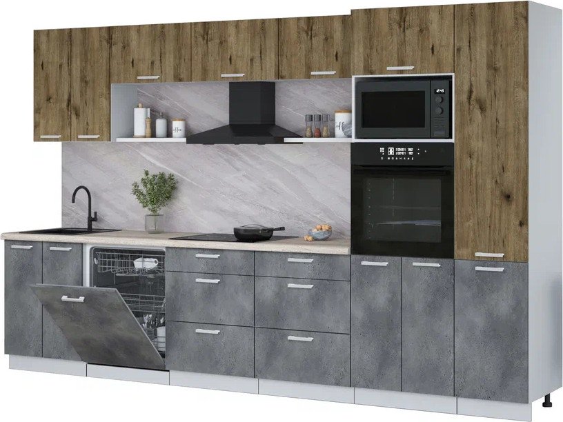 

Готовая кухня Интерлиния Мила Лайт 3.4-ПМ1 (дуб веллингтон/бетон портленд/травертин серый)